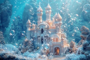 Underwater castle made of bubbles, mermaid friends, treasure hunts, aquatic fantasy - obrazy, fototapety, plakaty