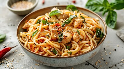 Udon stir-fry noodles with chicken meat and sesame in bowl on light stone background copy space