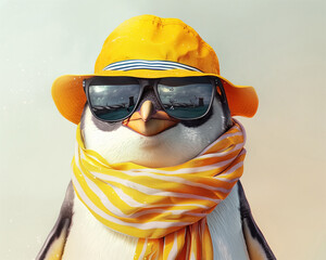 Summer ready penguin in yellow, concept of vacation and fun.