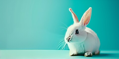Curious white rabbit ears on blue background