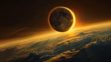 Solar System: An illustration of a solar eclipse, showing the moon passing between the sun and the earth