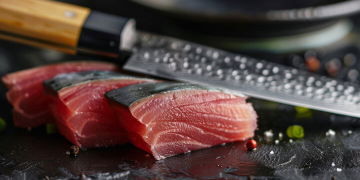 Pieces of fresh tuna on a black stone surface. Blurred damascus steel knife in the background.