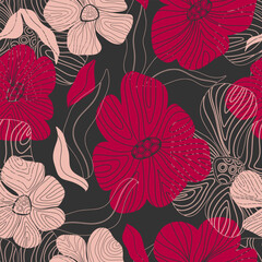 stylized flowers vector seamless pattern. Retro style