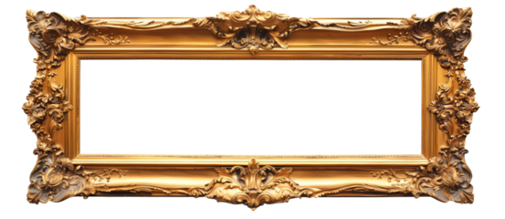 Large pompous golden antique picture frame with golden frame without content, isolated over transparent background png