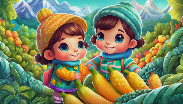 oil painting style CARTOON CHARACTER CUTE BABY Children Exploring a bananas Patch on a Chilly Autumn Day, 