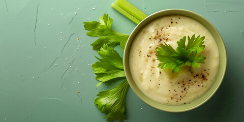 Top view of seasonal celery cream soup with herbs on a green background.