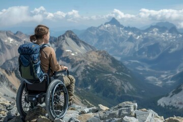 A hiker with a mobility aid enjoying the summit view, adventure and accessibility