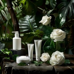 Mock up of natural beauty products arrangement. White cosmetic bottles and cream tubes with green leaves on natural light,  dark green background. Organic cosmetic products concept. white roses. 
