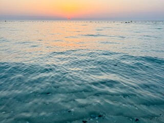 Orange sea sunset, orange sea horizon, sunshine, evening warm light