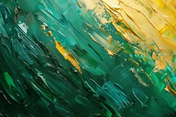 Green and gold gradient background with oil paint. Beautiful brush strokes close up. Detail of...