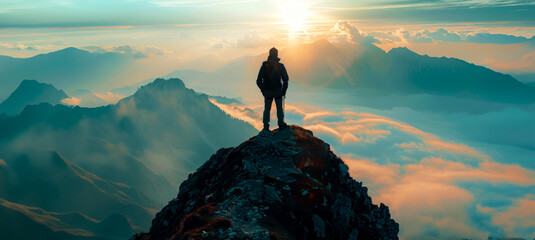Adventurer on mountain peak at sunset with dramatic sky