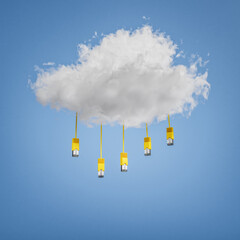 3D render: Cloud Computing Disruption Concept - Five yellow ethernet cables hanging from a cloud. Blue sky background.