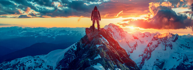 Adventurer on mountain peak at sunset with dramatic sky