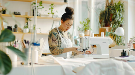 A woman is sewing using a machine in a workshop for fashion design. A seamstress is operating a sewing machine in a fashion design workshop, providing a custom sewing service for customers. Coworking