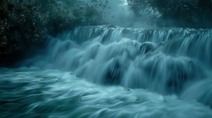 long exposure photo of a waterfall, the silky smooth water creating a dreamlike and abstract flow, ideal for a fine art photography exhibition. - obrazy, fototapety, plakaty