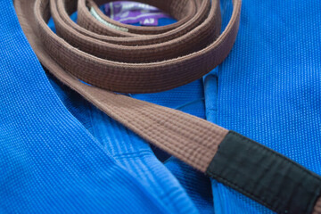 Gi jiujitsu class kimono copy space, brown belt martial arts