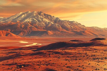 Wide panorama of mars - the red planet - landscape with mountains and impact crater during sunrise or sunset - 3D illustration. High quality photo - obrazy, fototapety, plakaty