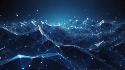 Abstract Sapphire Blue Digital Background with Shimmering Sapphire Light Particles and Regions with Endless Depths. Particles Form into Lines, Surfaces, and Grids. - obrazy, fototapety, plakaty