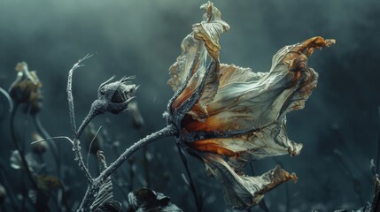 photo of a wilting flower, its drooping petals and decaying form creating an abstract study of impermanence, suitable for a conceptual art exhibit. - obrazy, fototapety, plakaty