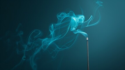 Smoke from a burning incense stick rising in wispy spirals, tinged with blue hues, creating an abstract visualization of peace and tranquility, perfect for a yoga studio advertisement.
