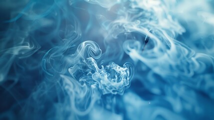 Smoke from a burning incense stick rising in wispy spirals, tinged with blue hues, creating an abstract visualization of peace and tranquility, perfect for a yoga studio advertisement.