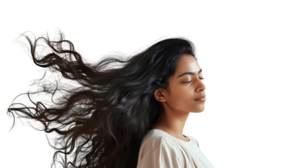 Captivating Hair Oil Shoot Woman Flaunting Her Hair Against a White Wall