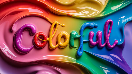 Mesmerizing and vibrant colorful paint splash forming the word 'Colorful' The splash is a swirling flowing rainbow of liquid hues and artistic typography concept with copy space for extra phrases.