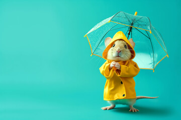 Cheerful mouse in yellow raincoat holding a clear umbrella - preparedness and enjoying the rainy day