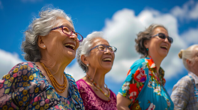 A group of senior women of various ethnicities, all smiling and laughing, participating in a tai chi class outdoors under a bright blue sky with fluffy white clouds - Powered by Adobe