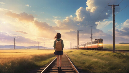 woman walking on railroad tracks, lofi girl