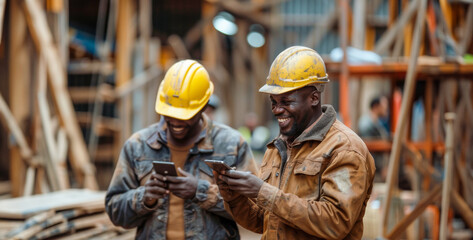 Construction workers smiling with smartphone on site