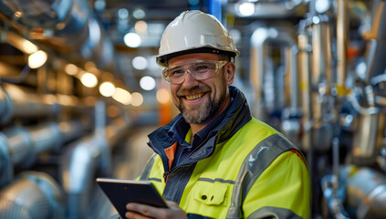 Smiling technician with digital tablet at industrial facility