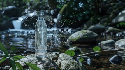 A bottle of fluid water with a molecular structure around resting on a rock by a stream in a natural landscape, surrounded by terrestrial plants and fluvial landforms of streams like waterfalls
