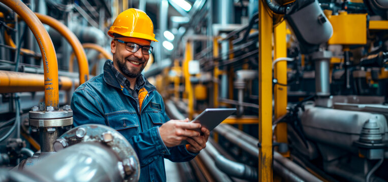Smiling technician with digital tablet at industrial facility
