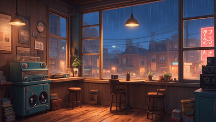 interior of room lofi image, cafe 2d cartoon room