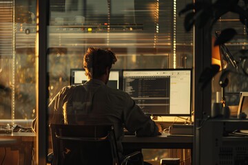Late hours at the office: a man engrossed in work with computer screens illuminating the room as dusk falls.


