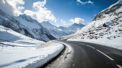 Winding road through a snowy mountain pass. Copy Space