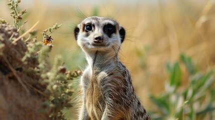 Fototapeta premium Amusing snapshot of a meerkat on sentry duty, caught with a surprised expression, perhaps spotting a bug intruder.