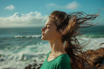 Woman standing on rock with open arms in the sea- happiness, vacation, freedom concept. Beautiful simple AI generated image in 4K, unique.