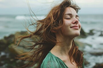 Woman standing on rock with open arms in the sea- happiness, vacation, freedom concept. Beautiful simple AI generated image in 4K, unique.