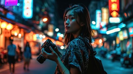 Obraz premium Asian woman capturing the essence of urban exploration as she walks through the dynamic Chinatown of Bangkok. Copy Space.