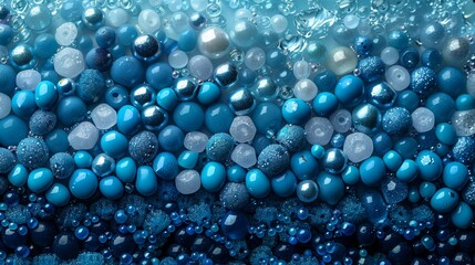 Blue shiny marbles, beadings on blue background in different teal, turquoise hues. Celebrate summer, vacation with turquoise sphere, glass gravels. Wet transparent small stones.