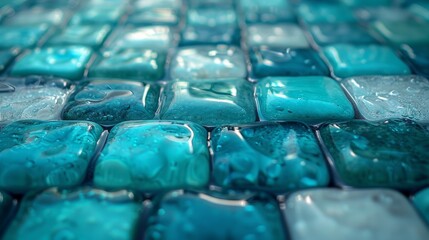 Close up of shiny glossy flat square beads in blue hues. Celebrate water, summer, sea, exotic. Clear, transparent, crystal cubes showing coolness, freshness, wetness.