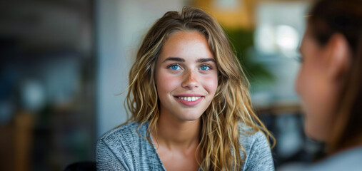 Obraz premium Smiling young businesswoman in a modern office setting
