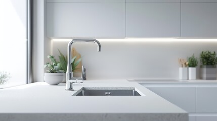 Fototapeta premium Modern marble table kitchen with clean faucet sink and minimalist furniture cupboards, with natural lighting from the kitchen glass window.
