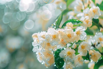Close-up of dew-covered jasmine flowers glistening under soft light.