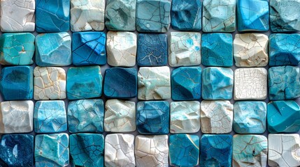 Blue glass square mosaic background for vacation and travel.. Colorful ceramic, porcelain pattern tile backdrop.
