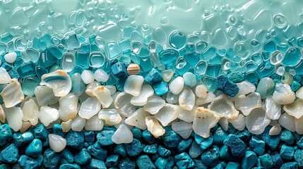 Blue and white sea shells, glass beads shining and transparent for perfect vacation backdrop. Glossy bubble, foam for beautiful water texture.