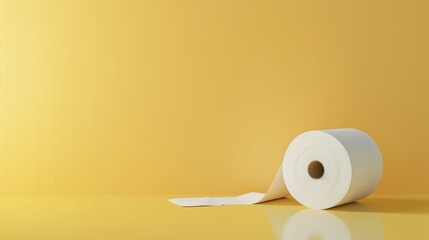 A lone roll of toilet paper unrolling gracefully on a soft beige background with ample copy space on the right. - obrazy, fototapety, plakaty