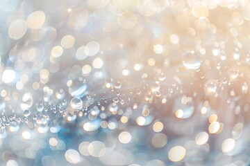 Close-up view of water droplets with reflective bokeh light effects on blue background.
